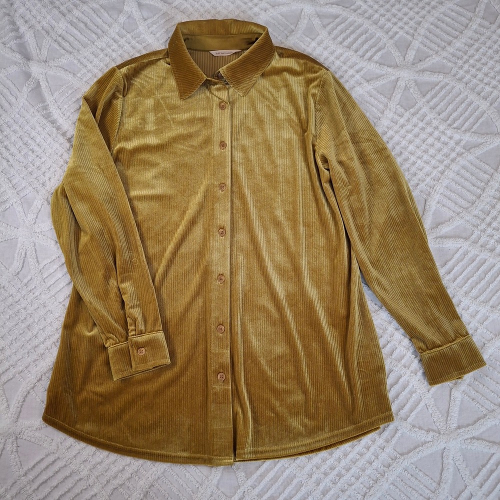 Soft Surroundings Large Corduroy Velvet Button Up Shirt Gold Long Sleeve